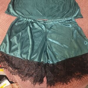 Elegant Green Satin Sleepwear Set with Lace Trim